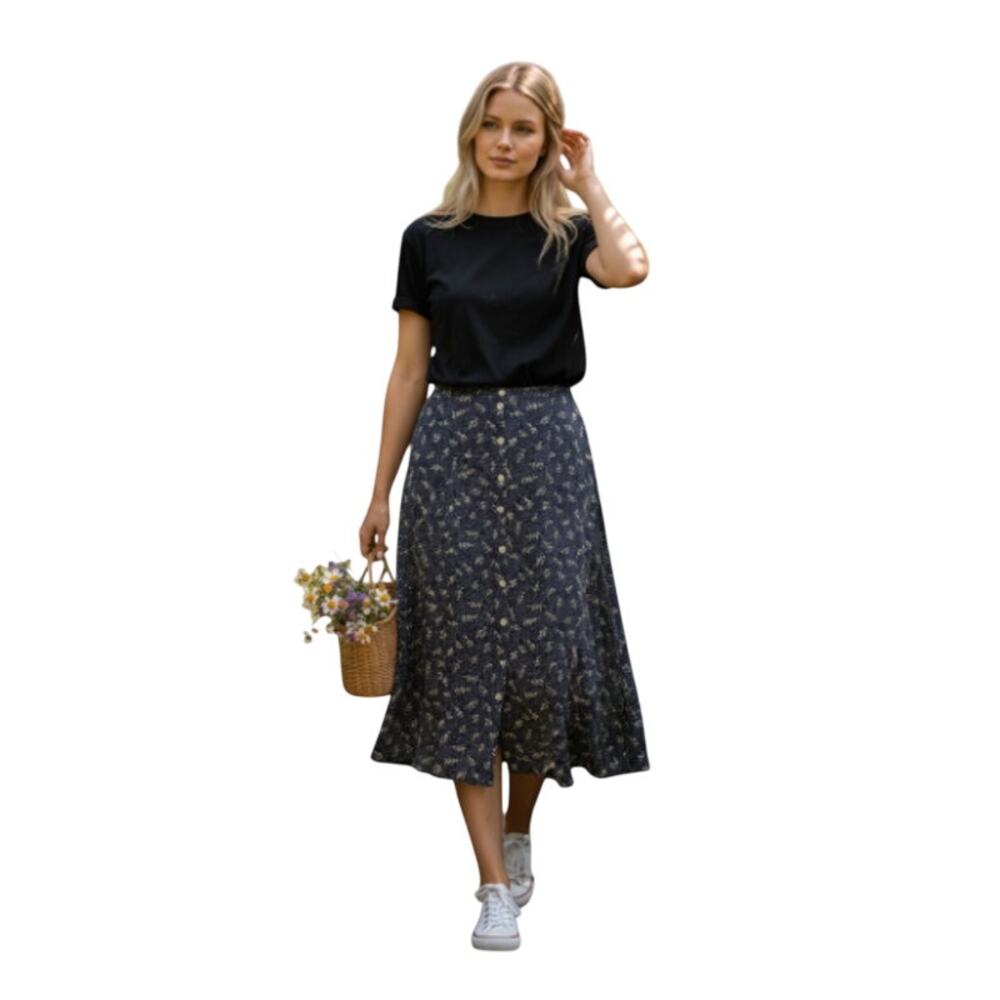 Eddie Bauer Navy Blue Leaf Print Midi Button Skirt Size 8 Vintage Cottage Retro